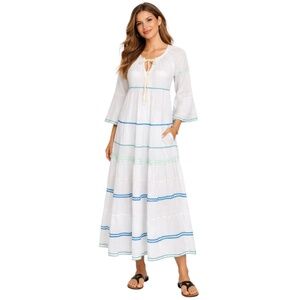 9 Seed Majorca Maxi Cover-Up Dress Blue Ric Rac Trim Tiered Beach Size M/L